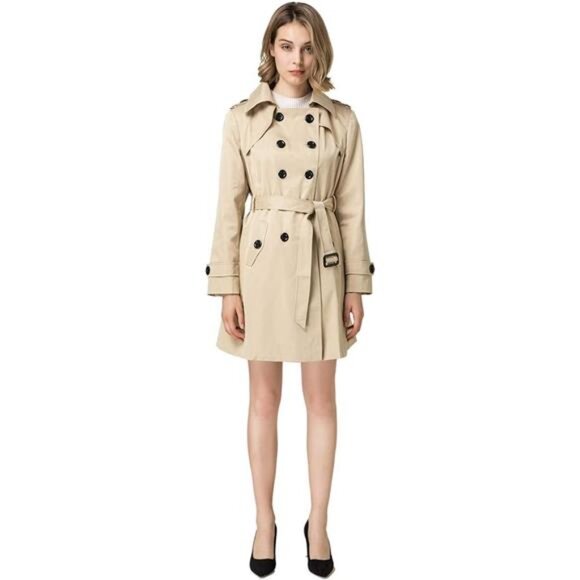 Women's Double-Breasted Trench Coat Classic Lapel Overcoat Slim - Picture 3 of 8